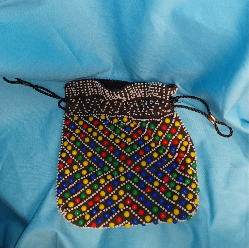 Vintage Large Candy Button Mutli Color Beaded Hand Bag Draw String Purse